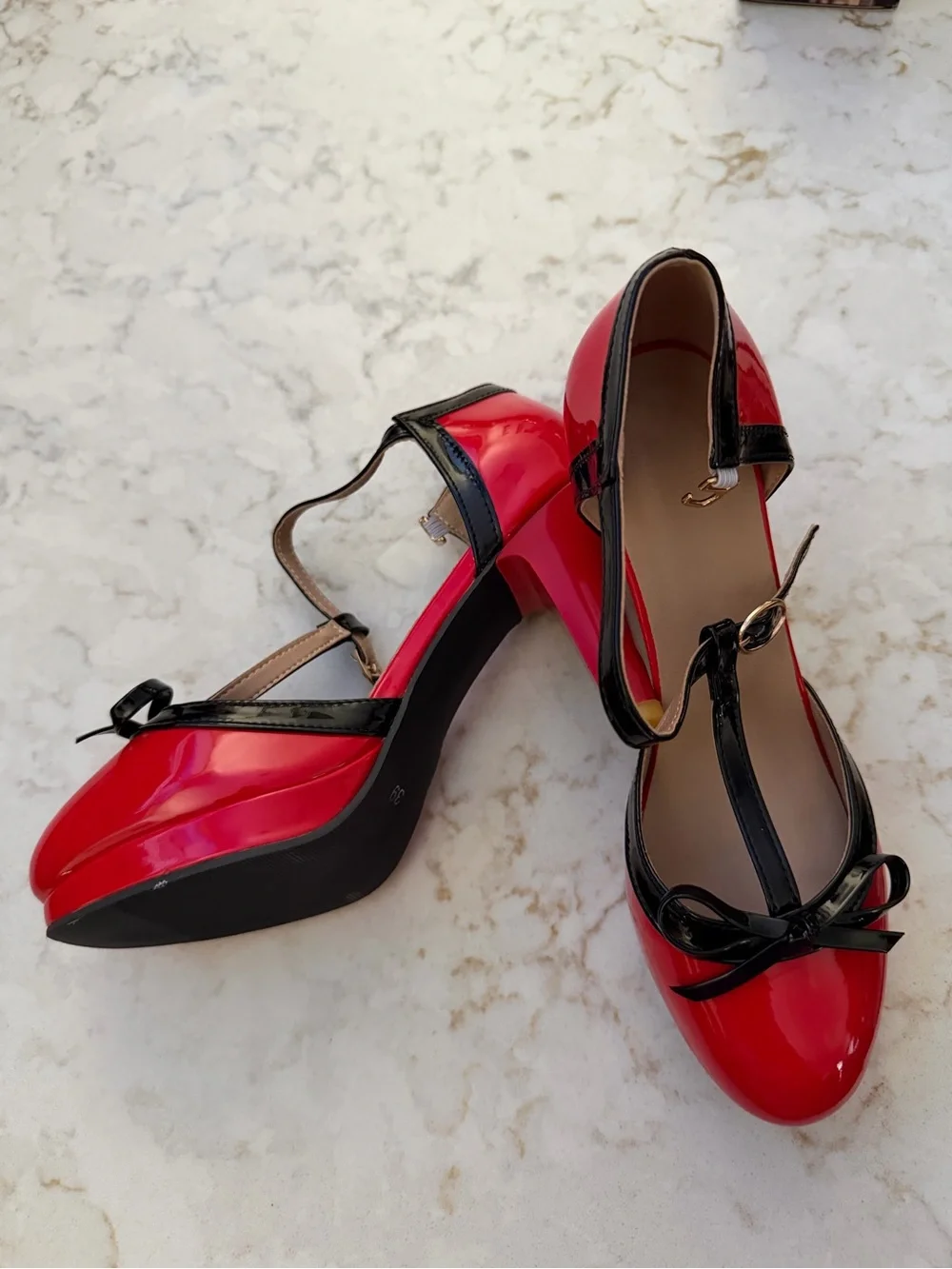 Patent Red and Black T-Strap Bow Pumps - Women